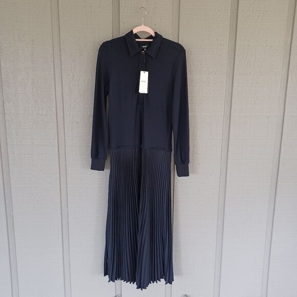 ME+EM Dresses & Skirts - ME And Em Women Pleated Skirt Midi Shirt Dress Size 2 Long Sleeve Button In Navy